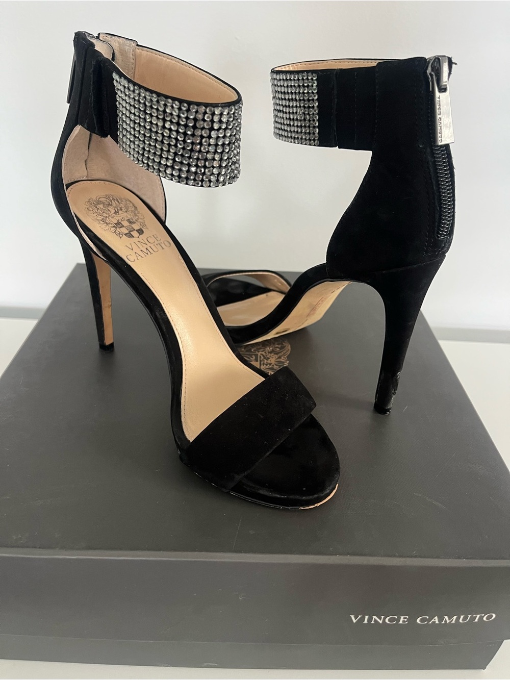 Vince Camuto Black Suede Crystal Ankle-Strap Stilettos